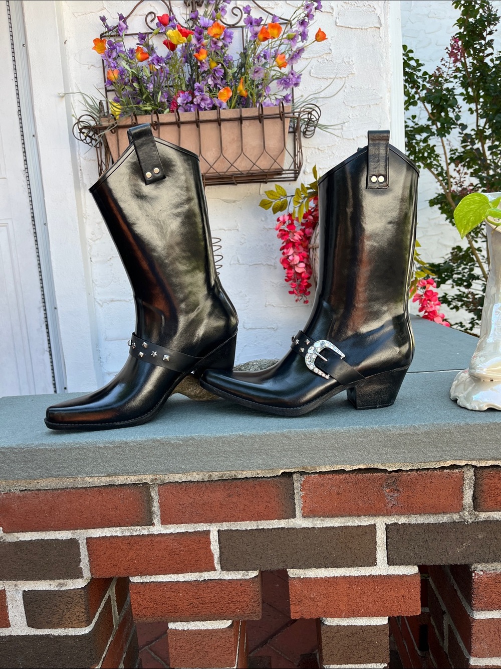 Nomad Western Style Water Proof Black Heeled Rain Boots with Leopard Interior
